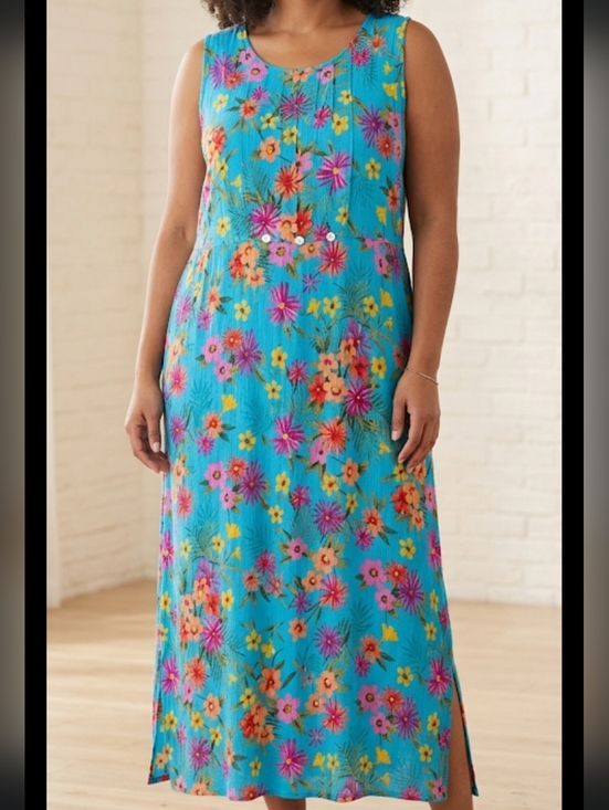 Stonebridge Dresses & Skirts - Vintage Sleeveless Floral Maxi Dress 3X Plus Size Turquoise Flowy side Slits EUC